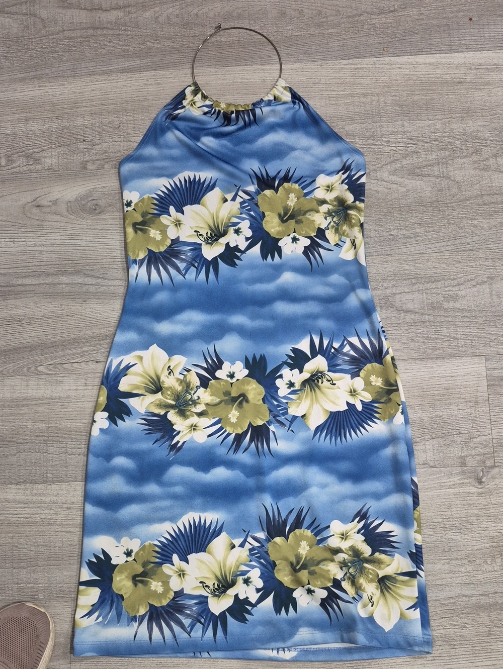 One-Shoulder Blue Floral Halter Dress
